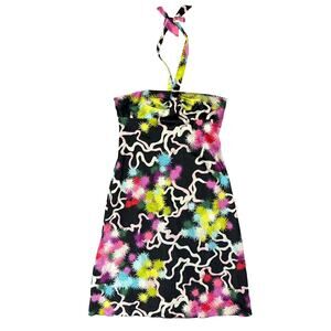 Trina Turk Y2K Abstract Black Pink Green Neon Silk Satin Halter Dress size 8